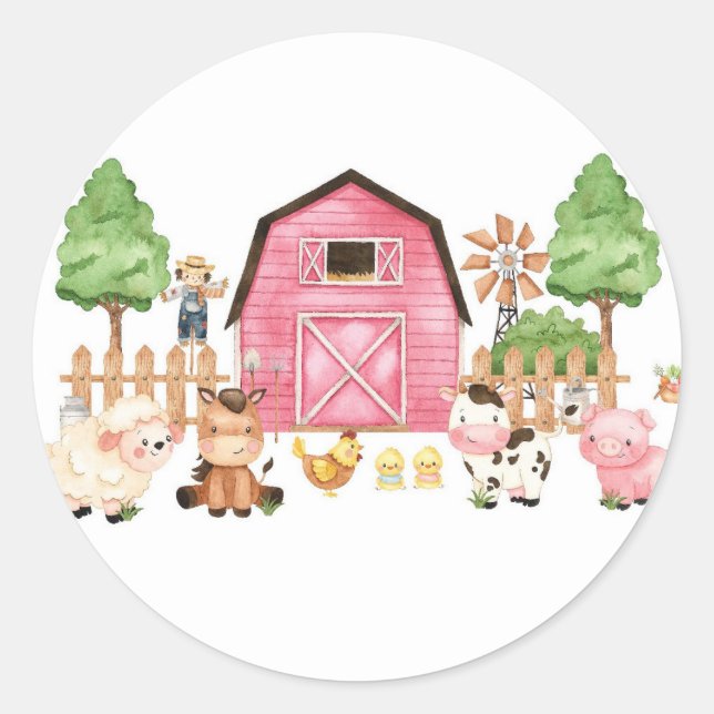 Pink Farm Animals Baby Shower  Classic Round Sticker (Front)