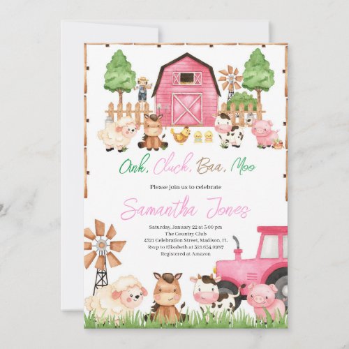 Pink Farm Animals Baby Shower Invitation