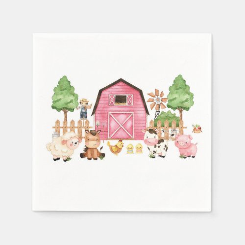 Pink Farm Animals Baby Shower Napkins