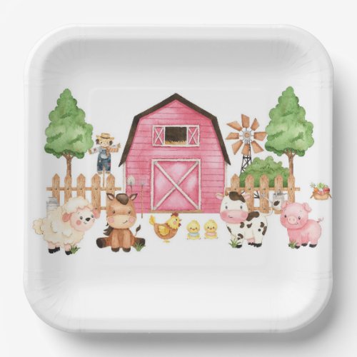 Pink Farm Animals Baby Shower Paper Plates