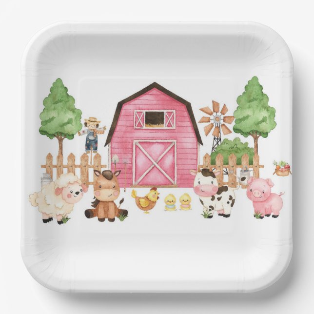 Pink Farm Animals Baby Shower Paper Plates (Front)