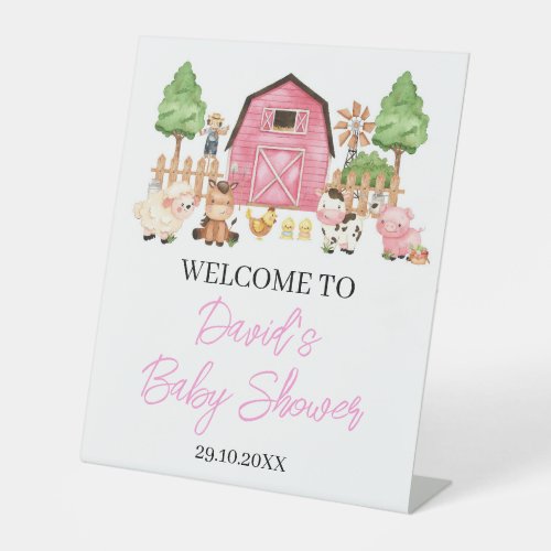 Pink Farm Animals Baby Shower  Pedestal Sign