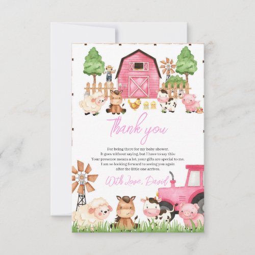 Pink Farm Animals Baby Shower  Thank You Card