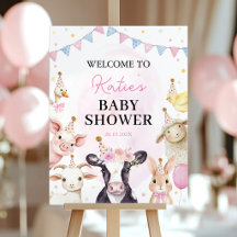 Pink Farm Animals Baby Shower Welcome Sign