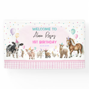 Pink Farm Animals Balloons Girl Birthday Party Banner