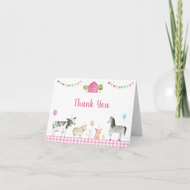 Pink Farm Animals Barnyard Birthday Thank You Card | Zazzle