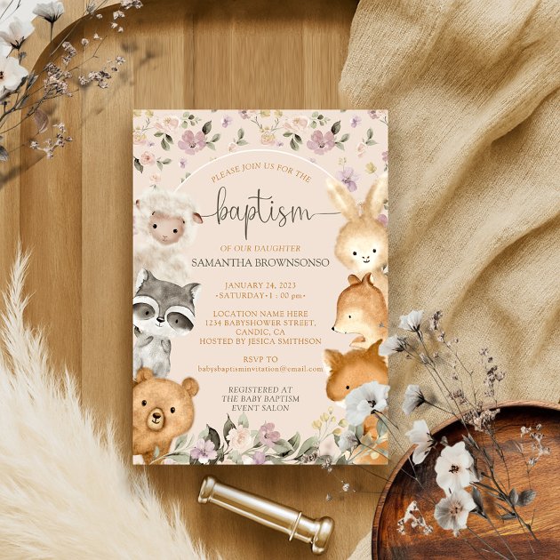 Pink Farm Animals Bear Fox Rabbit Raccoon Baptism Invitation
