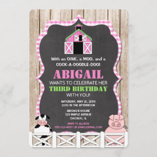 Pink farm animals birthday invitations for girl