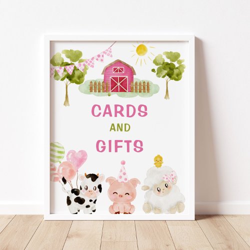 Pink Farm animals birthday party Cards and gifts Poster