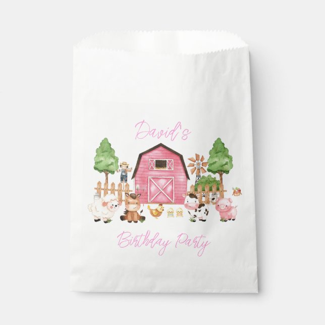 Pink Farm Animals Birthday Party Favor Bag (Front)
