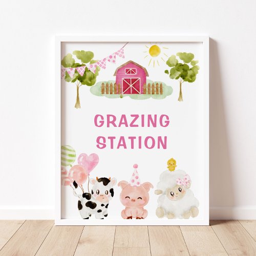 Pink Farm animals birthday party Grazing station Poster