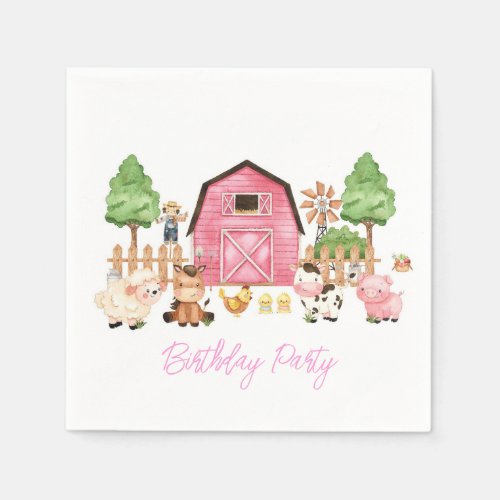 Pink Farm Animals Birthday Party Napkins