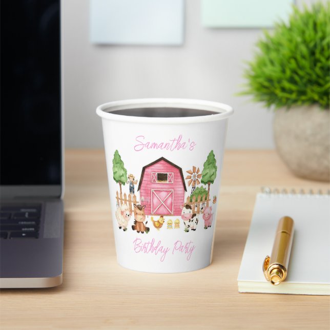 Pink Farm Animals Birthday Party Paper Cups (Insitu)
