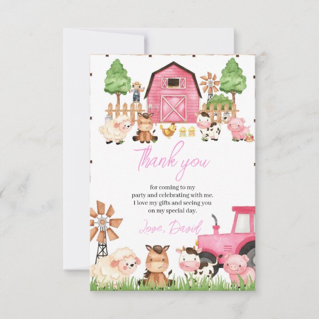 Pink Farm Animals Birthday Party Thank You Card (Front)