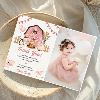 Pink Farm Animals Birthday Photo Thank You Card