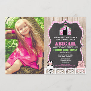 Pink farm animals girl birthday photo invitation