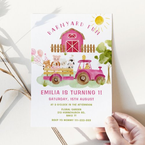 Pink Farm animals girl first birthday party Invitation