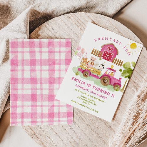 Pink Farm animals girl first birthday party Invitation