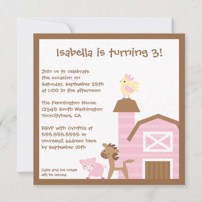 Pink farm animals girl's birthday party invitation (Front)