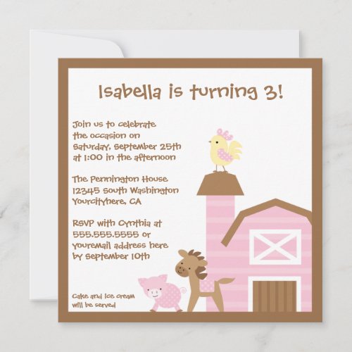 Pink farm animals girl's birthday party invitation