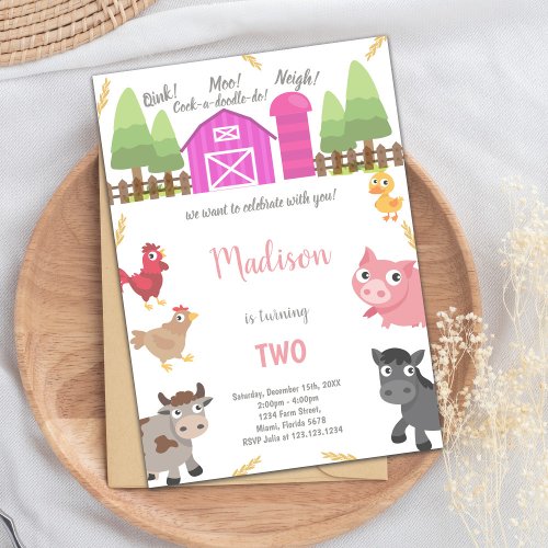 Pink Farm Animals Invitations