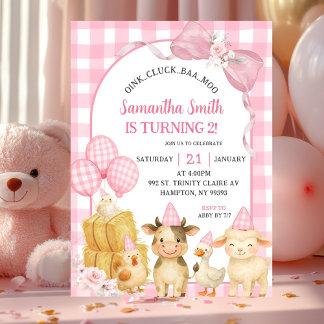 Pink Farm Animals Oink Cluck Baa Moo Birthday Invitation