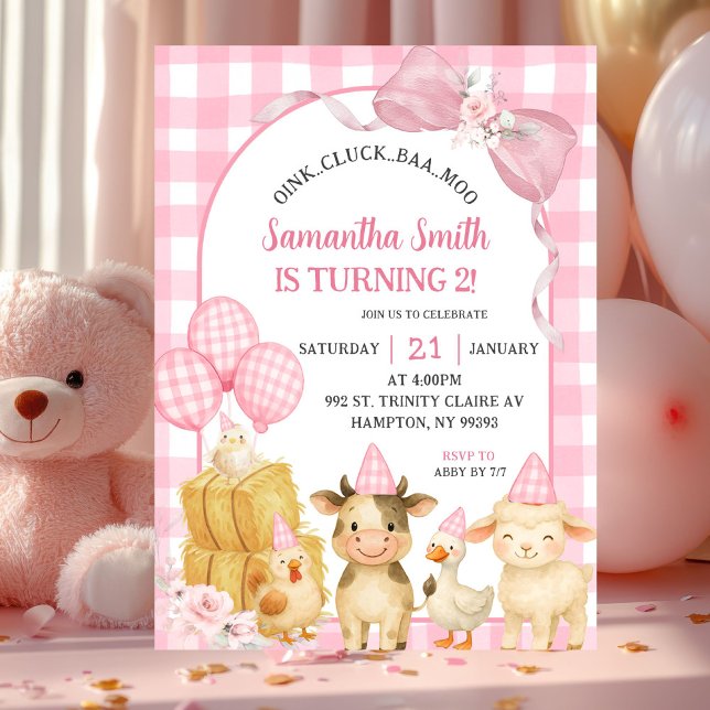 Pink Farm Animals Oink Cluck Baa Moo Birthday Invitation (Creator Uploaded)