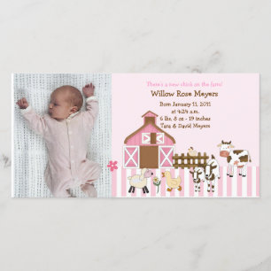 Pink Farm Animals Photo Birth Announcement 8x4