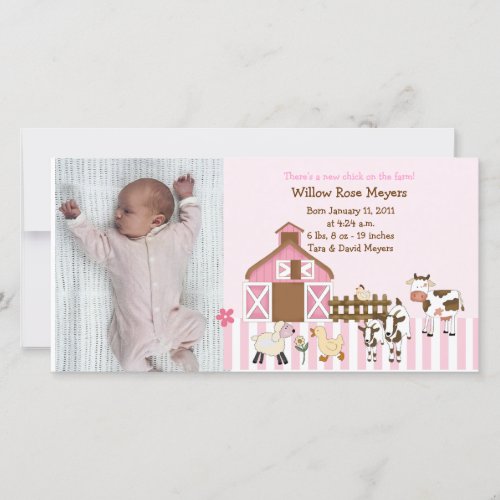 Pink Farm Animals Photo Birth Announcement 8x4