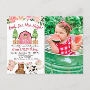 Pink Farm/Barn 1st Birthday Photo Invitation Postcard