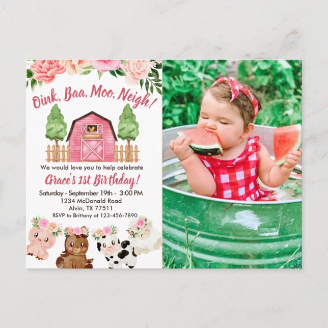 Pink Farm/Barn 1st Birthday Photo Invitation Postcard (Front)