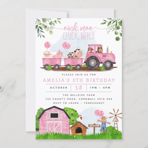 Pink Farm Barnyard Animals Birthday Invitation