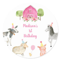 Pink Farm Barnyard Birthday Classic Round Sticker