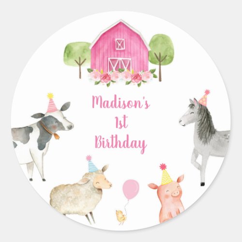 Pink Farm Barnyard Birthday Classic Round Sticker