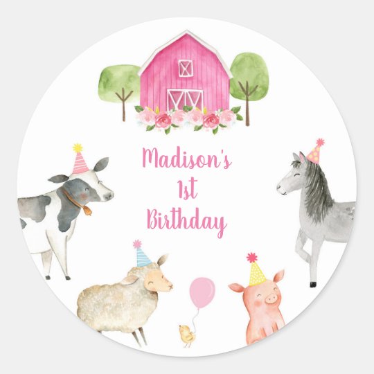 Pink Farm Barnyard Birthday Classic Round Sticker | Zazzle.com