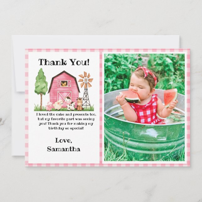 Pink Farm/ Barnyard Birthday Photo Thank You Card  (Front)