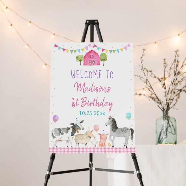 Pink Farm Barnyard Birthday Welcome  Foam Board (In Situ (Stand))