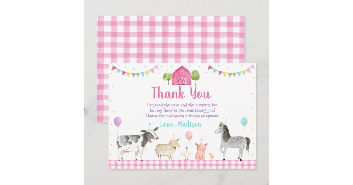 Pink Farm Barnyard Farm Animal Birthday Thank You Card | Zazzle