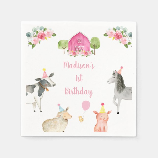 Pink Farm Barnyard Floral Birthday Napkins (Front)