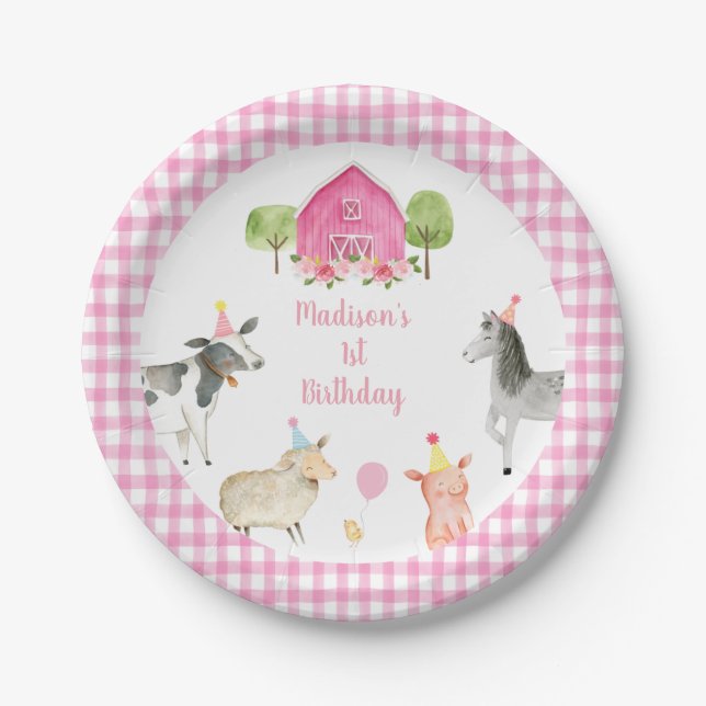 Pink Farm Barnyard Floral Birthday Paper Plates (Front)