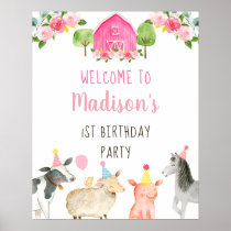 Pink Farm Barnyard Floral Birthday Welcome Poster