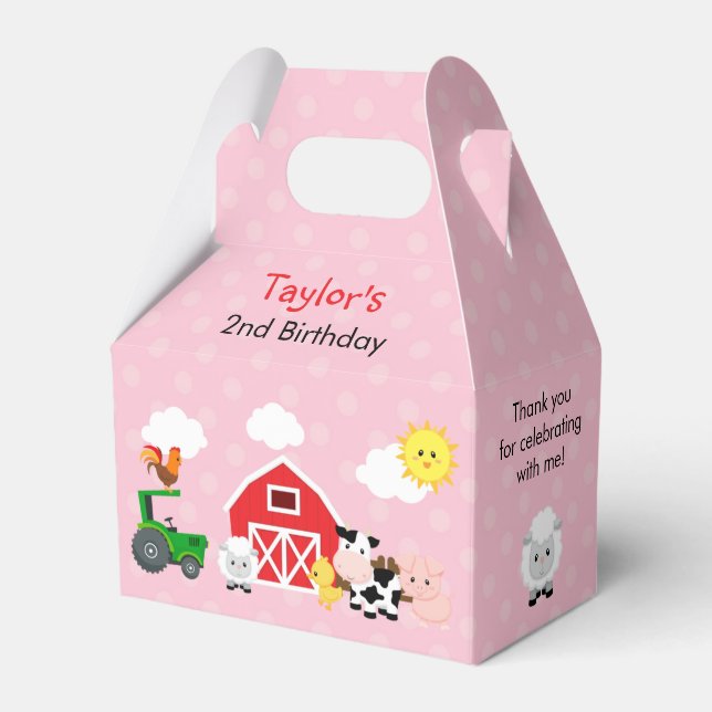 Pink Farm Barnyard Girls Birthday Gable Favor Box (Front Side)