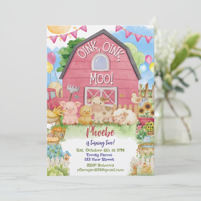 Pink Farm Barnyard Second Birthday Invitation (Standing Front)