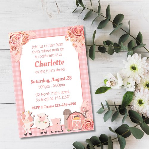 Pink Farm Birthday Invitation Pink Floral Animals