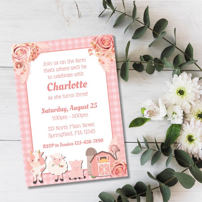 Pink Farm Birthday Invitation Pink Floral Animals (Creator Uploaded)