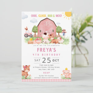 Pink Farm Birthday Party Invite Barnyard Animals