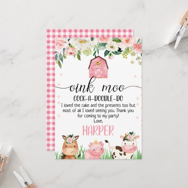 Pink Farm Birthday Thank You Card (Front/Back In Situ)