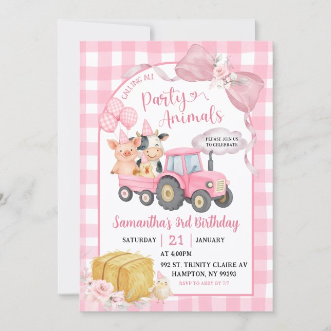 Pink Farm Calling All Party Animals Girl Birthday Invitation (Front)