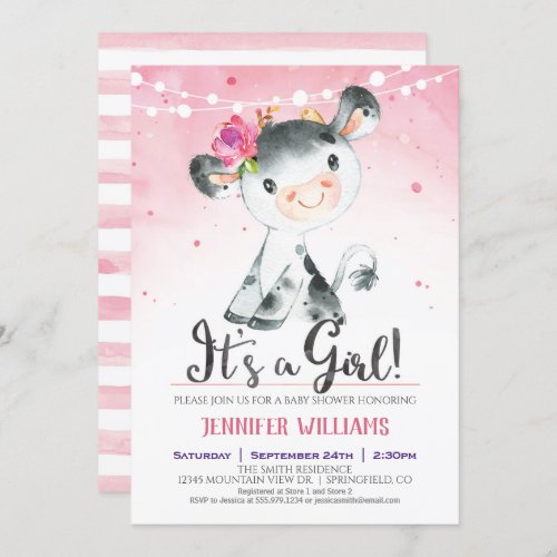 Pink Farm Cow Baby Shower Girl Invitation