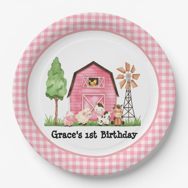 Pink Farm First Birthday Plates (Front)
